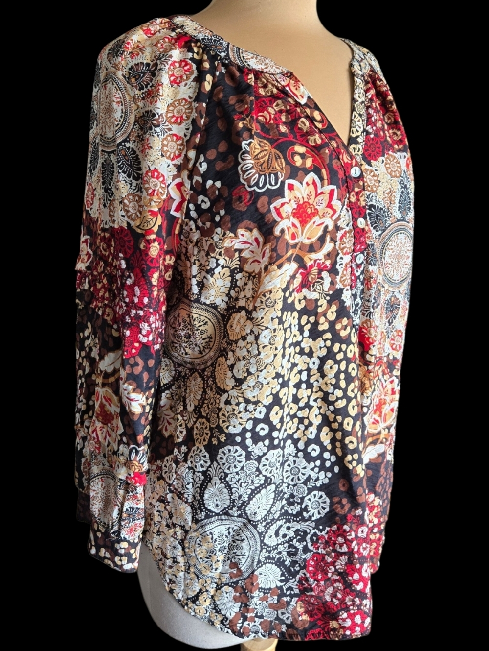 Ruby Rd. Boho Patchwork Tunic - Red, Black & Cream - Picture 2 of 5